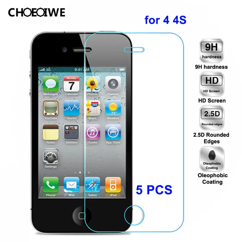 

5 PCS / Lot Screen Protectors for iPhone 4 4S Explosion proof 9H Screen Protectors for iPhone 4 4S Tempered Glass Cover Film