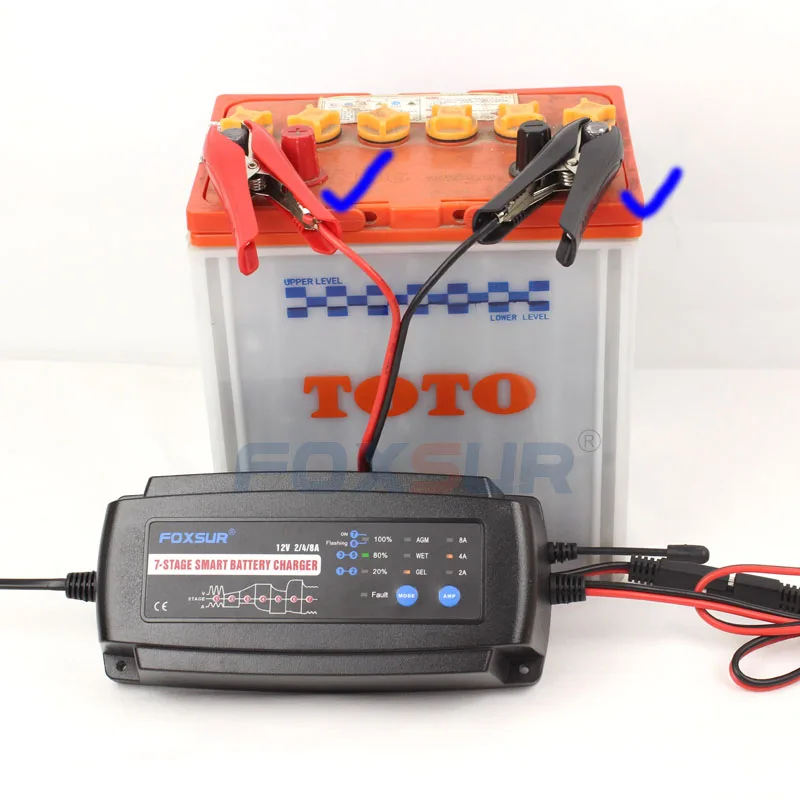 FOXSUR 12V 7-stage smart Motorcycle & Car Fast Battery Charger, 2A 4A 8A, Lead Acid Battery Charger, Multifunction Charger