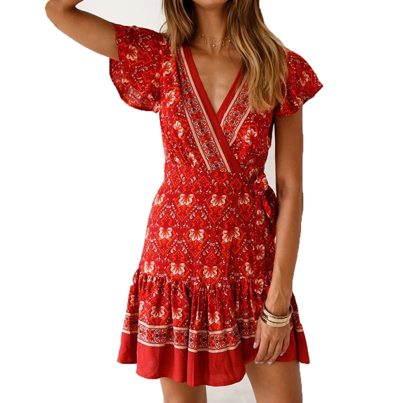 Летнее платье 2019 Новое поступление мини с цветочным принтом женское пляжное v