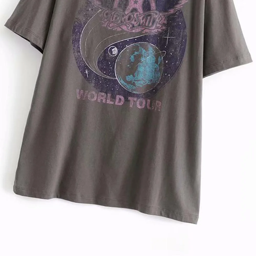 TXJRH Stylish WORLD TOUR Letter Aerosmith Planet Print Short Sleeve O-Neck Pullover T-Shirt Boyfriend Woman Causal Tee Tops