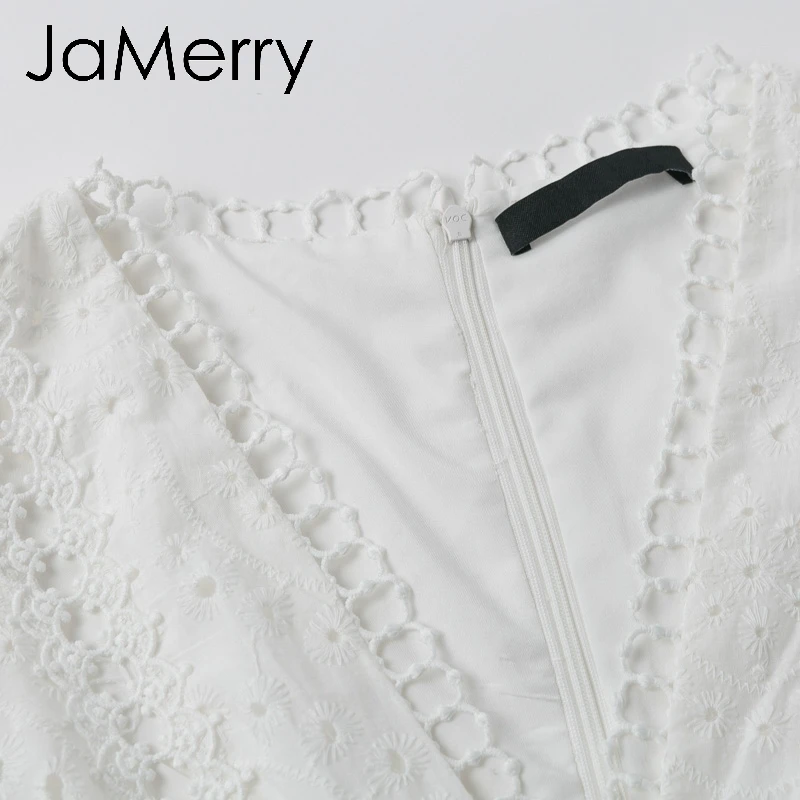 JaMerry, винтажное Кружевное белое платье с вышивкой и оборками, ТРАПЕЦИЕВИДНОЕ сексуальное платье с длинным рукавом, элегантное мини-платье для вечеринки
