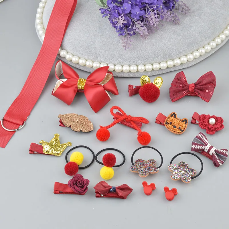 18 pieces set red 1 комплект цветок Дети Детские аксессуары заколки младенец, ткань лук цветок Головные уборы заколки для волос головной убор A7 - Цвет: 18 pieces set red
