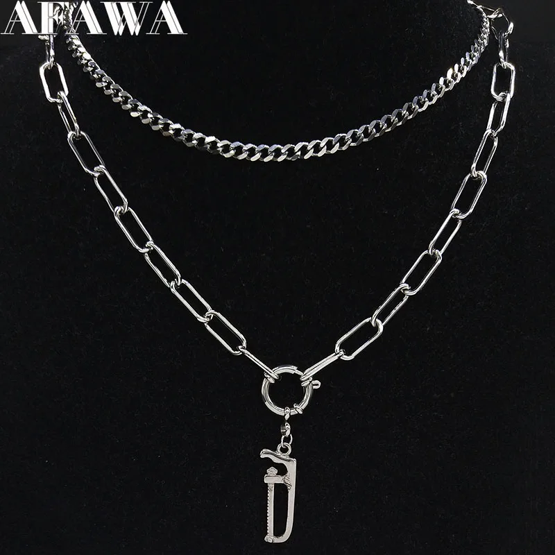 

2021 Fashion Saw Punk Stainless Steel Chain Necklace Women Silver Color Layered Necklace Chain Jewelry gargantilla N19172