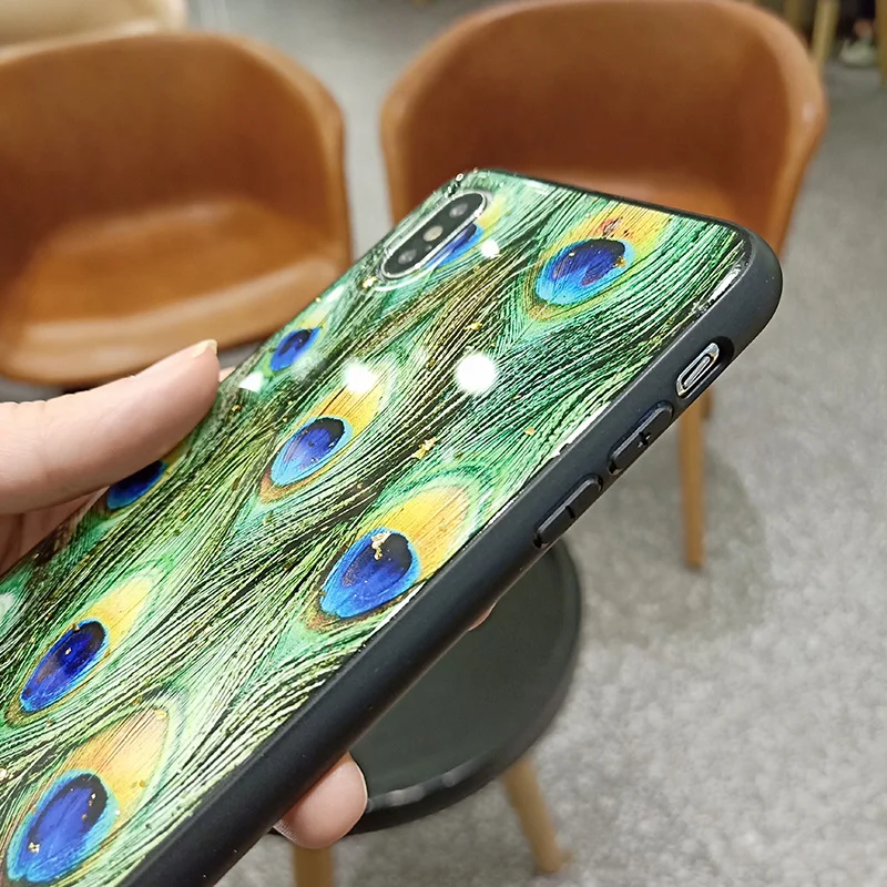 Luxury Peacock Feather Case for iPhone X XS Max XR Glossy Hard Capa Fundas 8 7 6 6S Plus Glitter Cover For Girls |