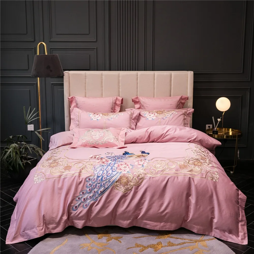 Noble 100S Egyptian cotton Embroidered Bedding sets Peacock Queen King Princess Duvet cover Bed sheet set Pillowcases 4/6pc Pink | Дом и сад
