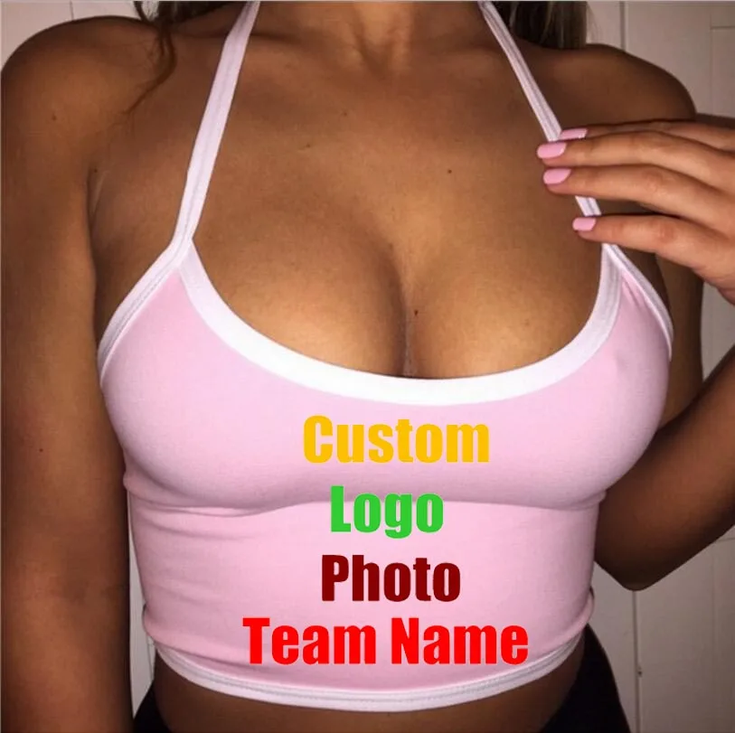 Лето Холтер спинки для ночного клуба Для женщин Caims танки Crop Top логотип Photo текст, напечатанный ремень женский футболки лидер продаж футболки