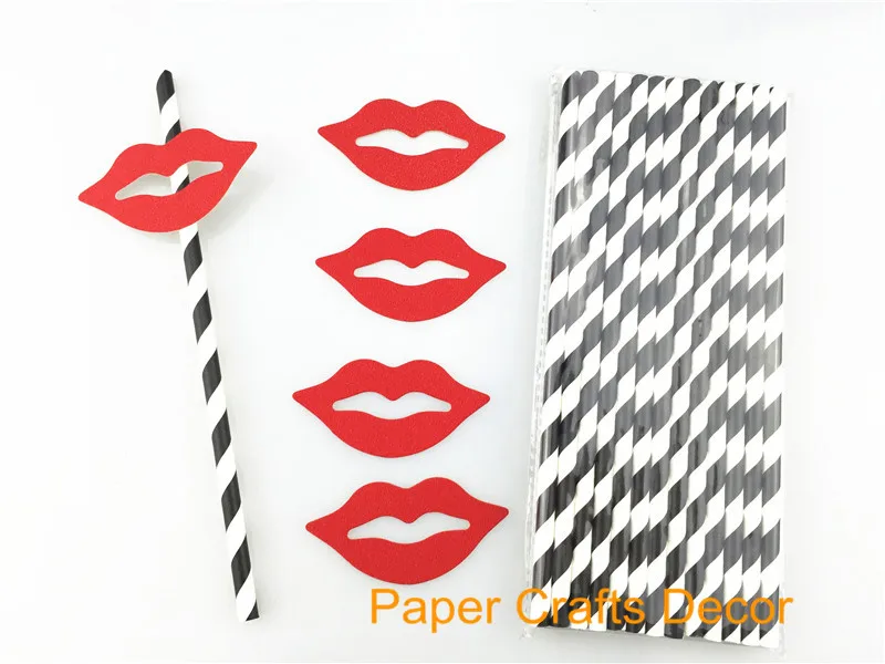 

(Straws Included) Set of 25pcs Vintage Style Glitter Red Lids Black Straws Kit Wedding Party Baby Shower Decorations