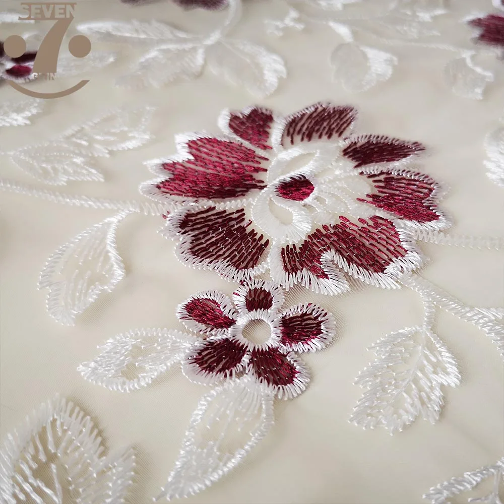 Белая вышитая бордовая Цветочная скатерть из органзы|Скатерти| |