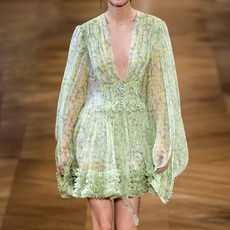 Женское платье с глубоким v-образным вырезом Фонари платья длинным рукавом