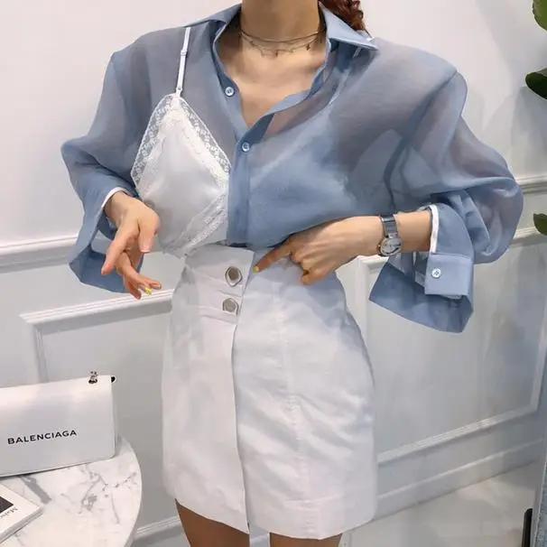 2019 Женская Летняя лоскутная кружевная блузка с длинным рукавом женские тонкие