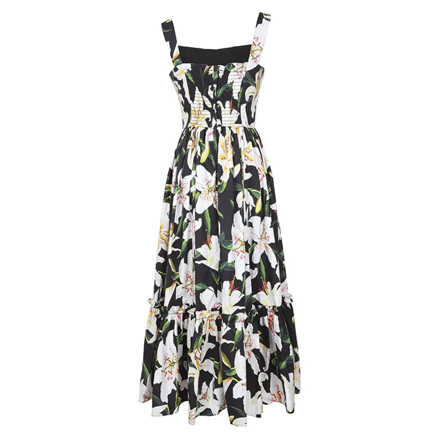 Женское винтажное платье на бретельках черное без рукавов с принтом|Женские