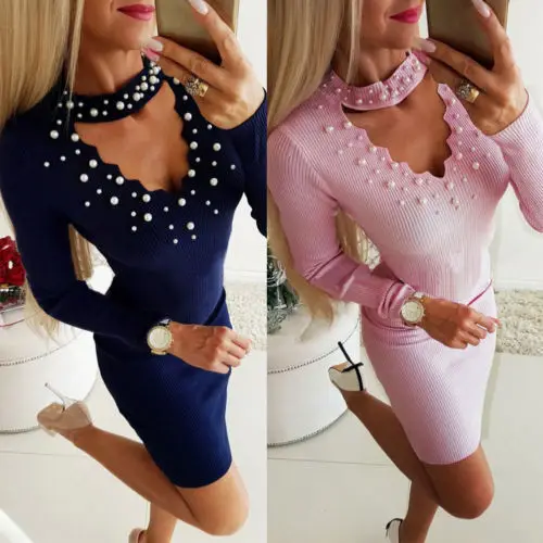 HOT Sexy Women Bodycon Strappy V Neck Pearl Decor Long Sleeve Dress 2019 Summer Casual Club Party Short Pencil | Женская одежда