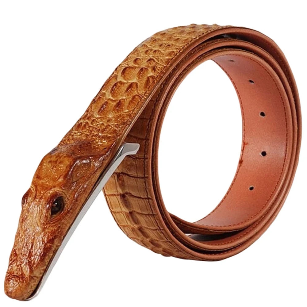 Yellowish Brown Новые винтажные ремни с пряжкой из натуральной кожи, реалистичные мужские ремни с крокодиловым узором - Цвет: Yellowish Brown