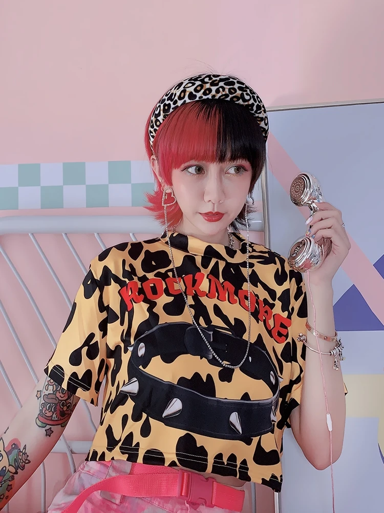 Оригинальная пикантная футболка с леопардовым принтом для девочек Короткая