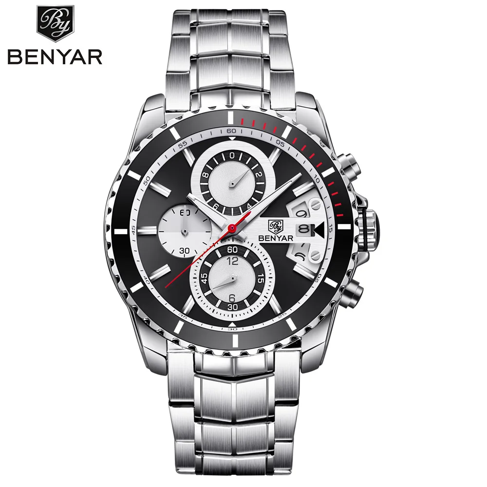 silver black BENYAR новые часы Мужские Роскошные Топ бренд хронограф Дата спортивные нержавеющая сталь кварцевые мужские часы s Relogio Прямая поставка - Цвет: silver black