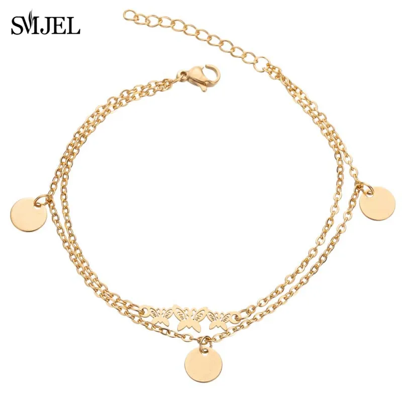 Gold Bracelet SMJEL трендовые ювелирные изделия из нержавеющей стали милые мама слон Многослойные жесткие браслеты Цепочка бабочка браслет для женщин подарок - Окраска металла: Gold Bracelet