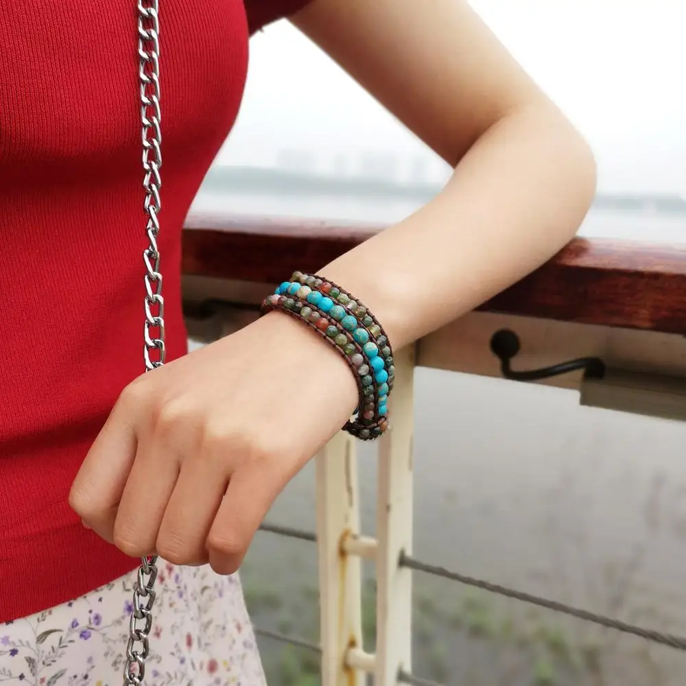 

Rinhoo 1PC Ethnic Beautiful Natural Stone Beads Leather Wrap Bracelet Accessories Gift For Women Female Charm Jewelry