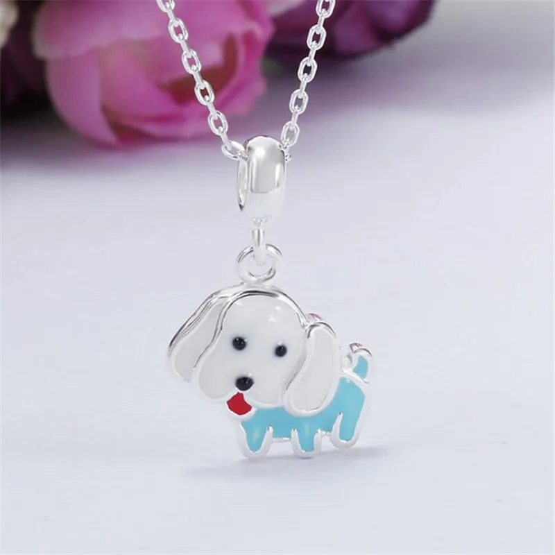 Cute Animal Real 925 Sterling Silver Necklace Fashion Blue Yellow Dog Choker Necklaces For Women Sterling-Silver-Jewelry H016 | Украшения и