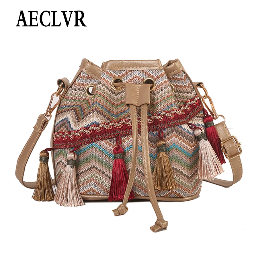 AECLVR винтажная модная Маленькая женская кожаная сумка ведро с кисточками и