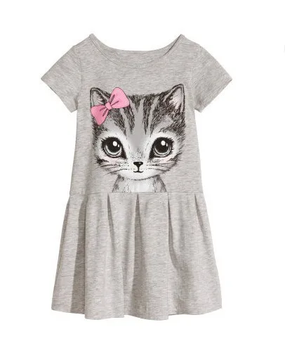 Girl bowtie Cat Print Dress Child dresses Summer new Knee-length Baby Cartoon Loose Short Sleeve Kids Girls Clothing | Детская одежда и