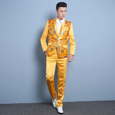 100% настоящий Мужской черный/золотистый/королевский синий смокинг с вышивкой