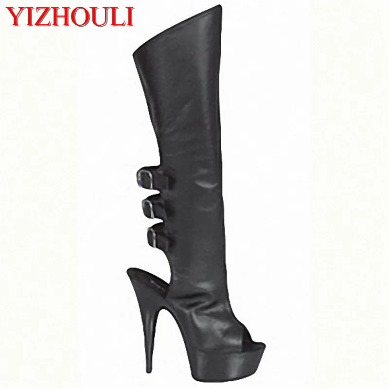 Night club high leather shoes, black patent leather with sexy stretch boots, 15CM high heel Dance Shoes