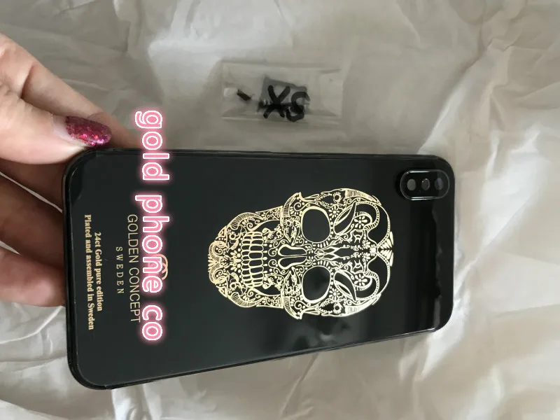 Превосходное качество, роскошная задняя крышка для iphone X, 24 k, золотой череп, дизайнерский корпус с оригинальной черной рамкой и стеклом