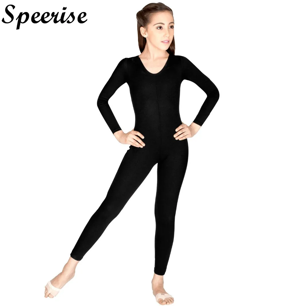 SPEERISE Girls Long Sleeve Unitard Boys Skin Tight Jumpsuit Spandex  Full Body Scoop Neck Ballet Costumes