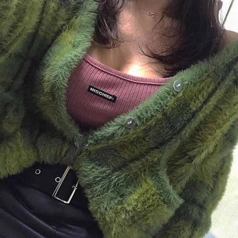 Harajuku Зеленый Клетчатый укороченный свитер для женщин 2018 осень зима винтажные