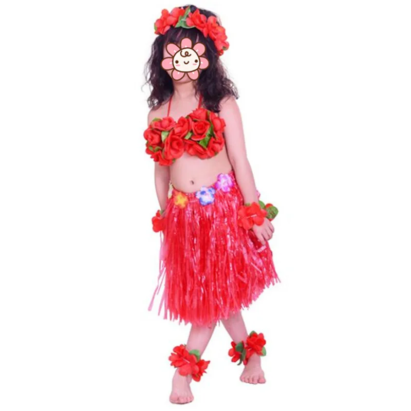 7pcs set red Hawaii Flower Lei, повязка на голову, ожерелье с гирляндой хула, повязка на ногу, юбка с травой, бюстгальтер, детский летний праздничный костюм для девочек - Цвет: 7pcs set red