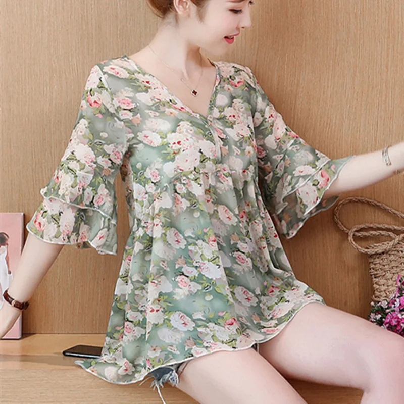 2019 Summer New Fashion Chiffon Shirt Flare Short Sleeve Women Blouses And Top V-Neck Print Casual Loose Office Lady Plus Size |