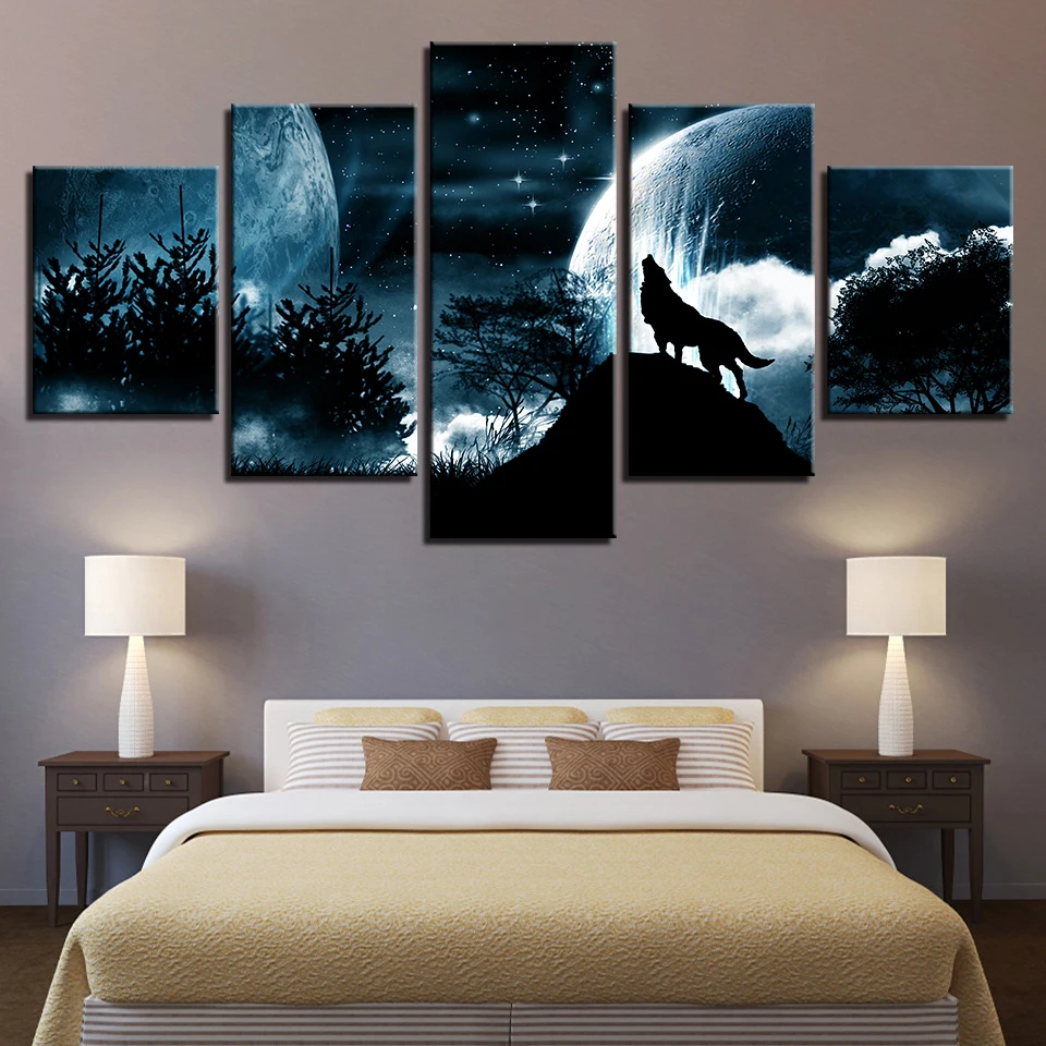 

Living Room Modular Pictures HD Printed Canvas 5 Panel Full Moon Night Forest Wolf Framed Wall Art Painting Poster Home Decor