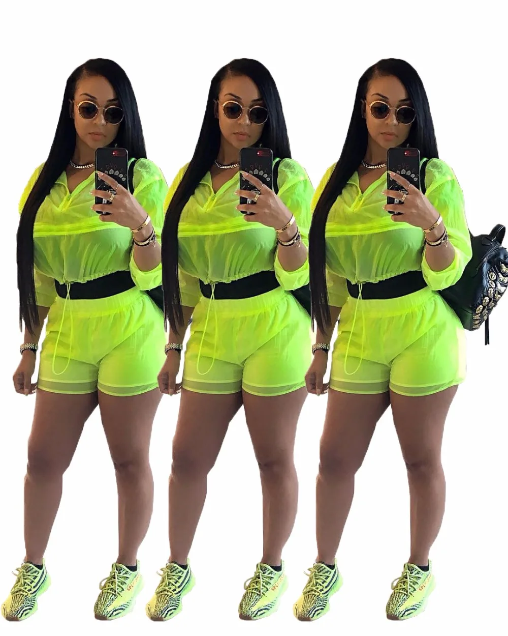 Женский неоновый комплект из куртки на молнии с капюшоном и шортов высокой