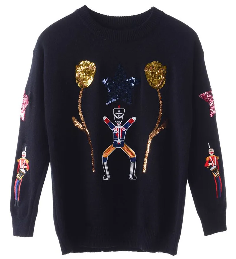 New fall runway heavy sequins embroidery sweater female puppet tulip flower Женская одежда