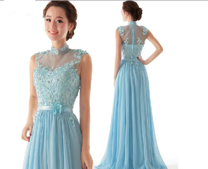 women ceremonial dress evening formal skyblue halter translucent sleeveless chiffon lace sweet elegant | Свадьбы и торжества