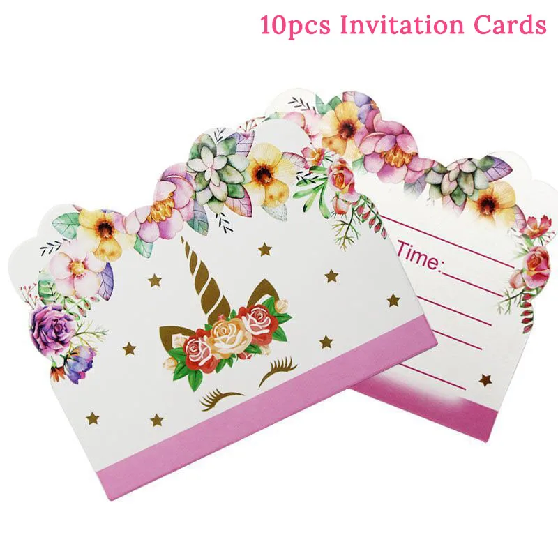 10pcs card Единорог День Рождения украшения Дети с днем рождения Единорог бумажный шарик тарелки чашки Единорог вечерние принадлежности для душа ребенка - Цвет: 10pcs card
