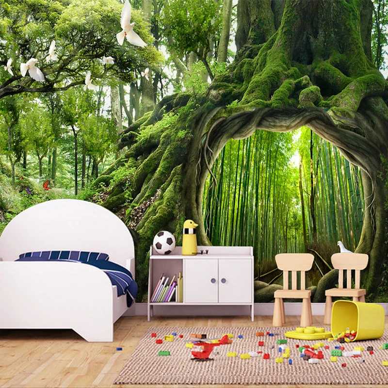 

Custom Photo Wallpaper Green Virgin Forest Tree Hole Stereoscopic Mural Wall Painting Living Room Bedroom Background Murales 3D