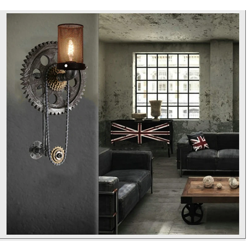 Винтажный настенный светильник Лофт с цепочкой шестерней бра для гостиной