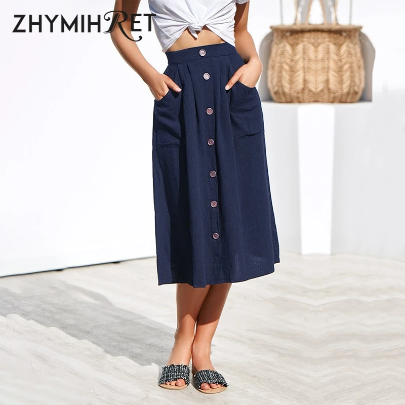 ZHYMIHRE 2019 новые богемные клепки хлопок миди юбка с карманами Повседневная