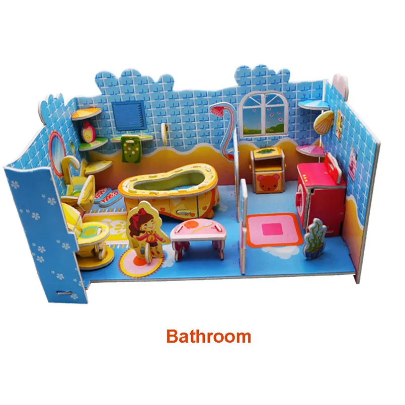 Bathroom Игрушки для девочек 3D DIY спальня бумажный Кукольный дом головоломка Дети миниатюрный розовый сладкий пазл ручной работы куклы дом игрушка для детей подарок - Цвет: Bathroom