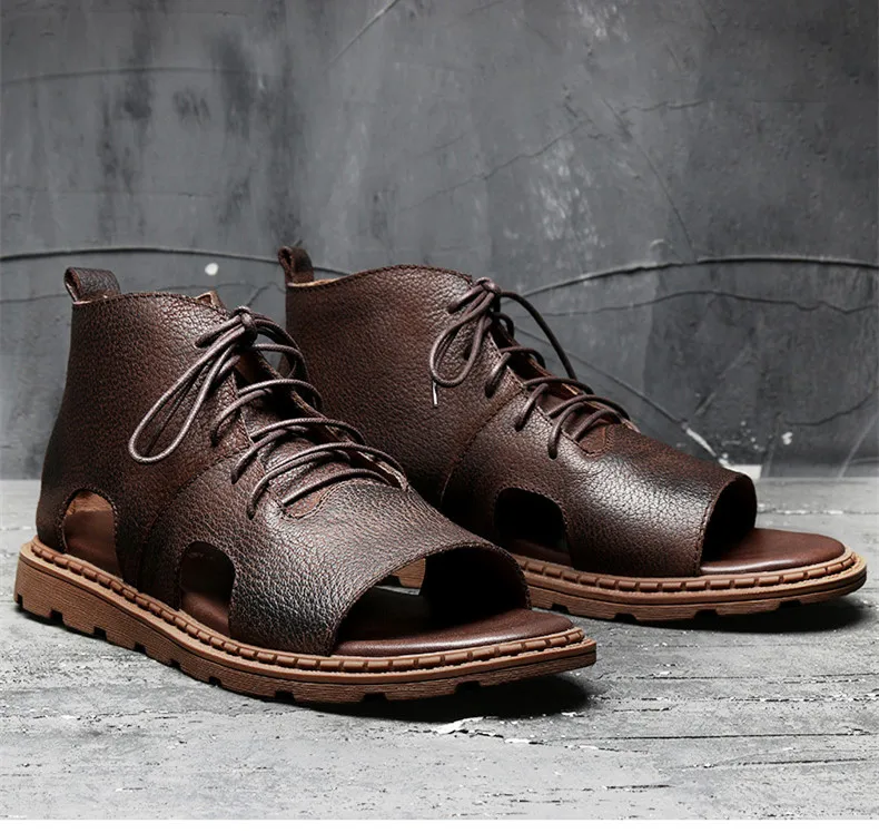 Recommend! Mens Casual Sandals Rome Style Genuine Leather Lace Up Sandals Beach Shoes Man Summer Casual Combat Shoes