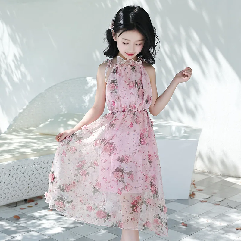 Summer Girls Dress Strap Shoulder Girl Beach Dresses Bohemian Kids Floral Teenage Clothes 6-14 Year kids' wear | Детская одежда и
