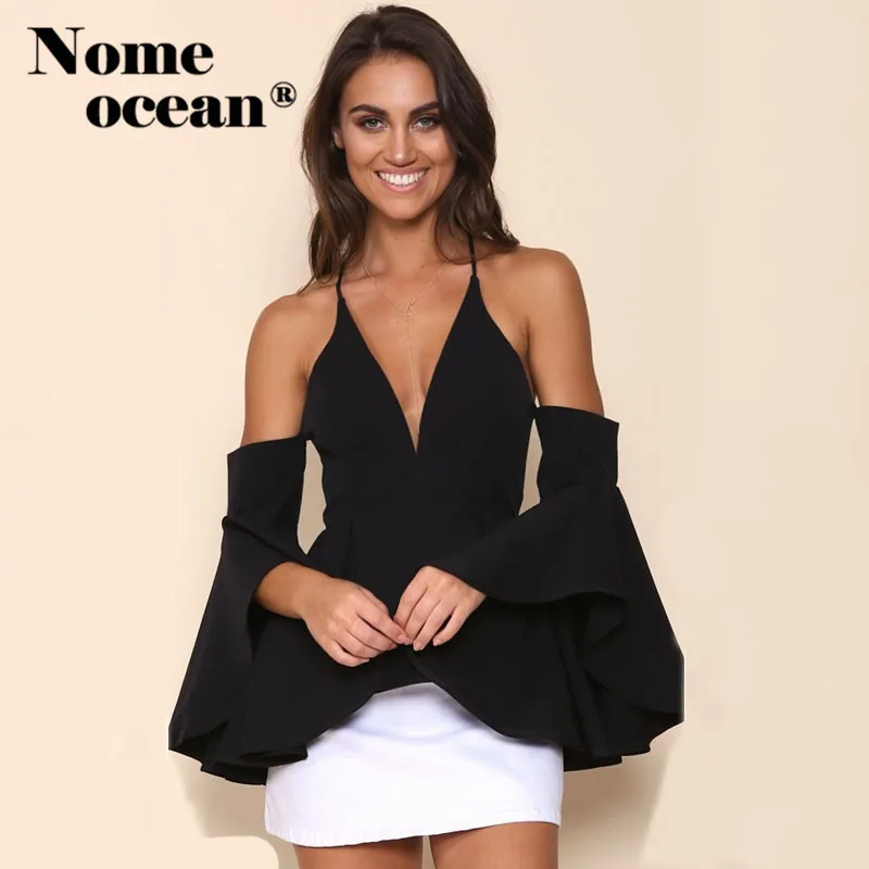 European Style Peplum Blouses 2018 Spring and Summer Women Shirts Flare Cuffs Spaghetti Strap Tops of Blouse M17020405 |