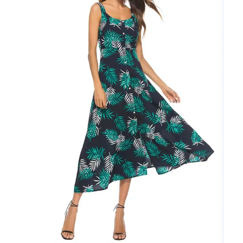 Летнее платье без рукавов тропических печатных Повседневное Макси платья Boho