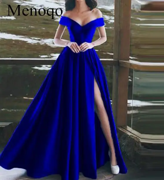 Royal blue Роскошное атласное вечернее платье трапециевидной формы с высоким Боковым Разрезом арабские женщины Глубокий v-образный вырез ярко-синие вечерние платья - Цвет: Royal blue