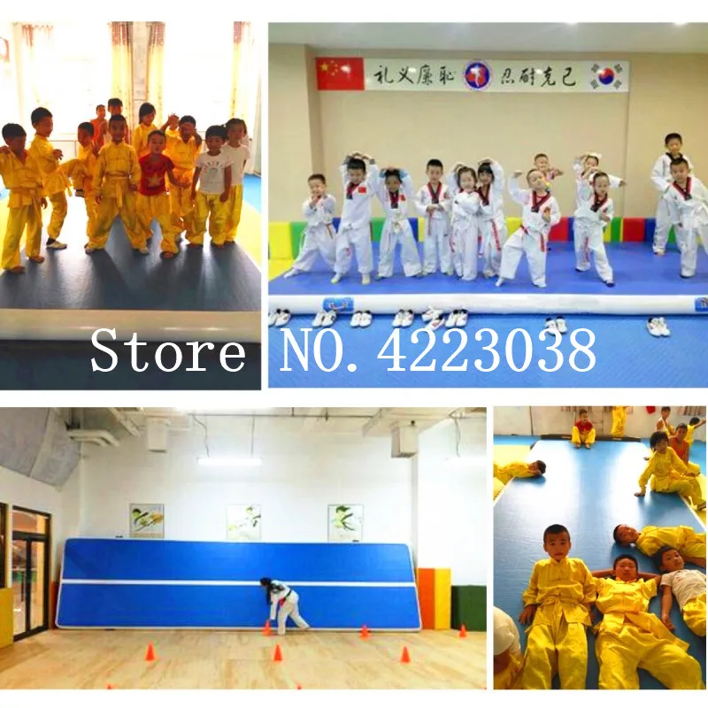 Pаспродажа Бесплатная доставка 8*2*0,2 м надувной гимнастический коврик воздушный трек этаж водяной насос синий легко носить с собой в тренажерном зале п...