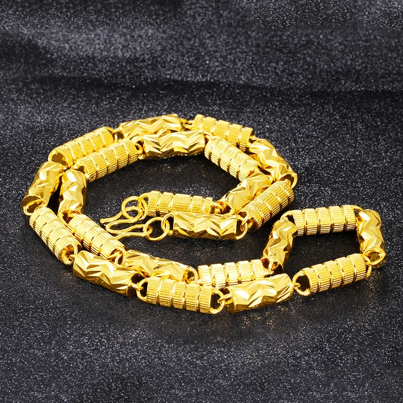Чистое золото Цвет Длинные ожерелья для мужчин 8 мм твердые цилиндрические