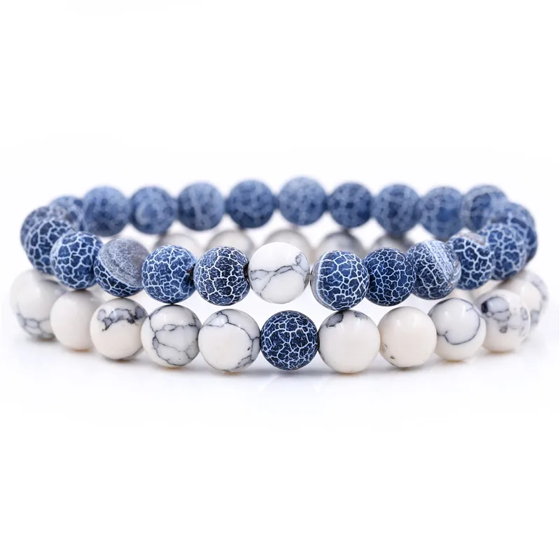 

He & She 2Pcs/Set Couples Classic Distance Beads Bracelet Bangle Sets for Men Marble Howlite Lava Beaded Bracelets Party Gift