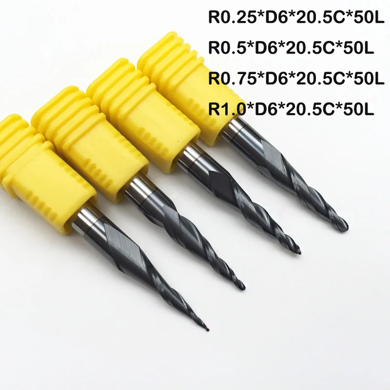 

4PCS Assorted R0.25&0.5&0.75&1.0mm HRC55 Tungsten solid carbide Tapered Ball Nose CNC Router Bit Taper End Mills and cone cutter