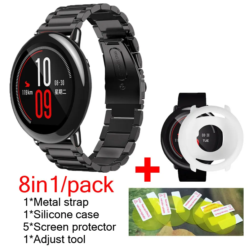 01 8В1 упаковка для Xiaomi Huami Amazfit Pace ремешок металлический браслет из нержавеющей стали+ Силиконовые чехлы крышка оболочка+ 5 шт. защита экрана - Цвет: 01